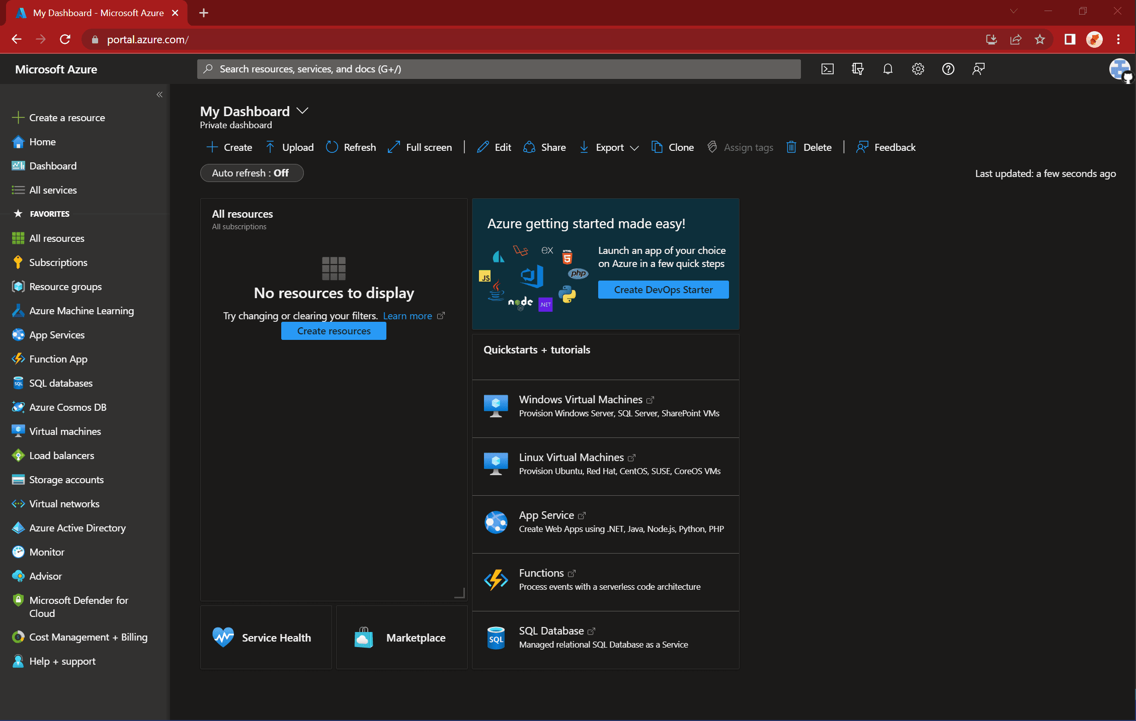 Screenshot of the azure portal default dashboard