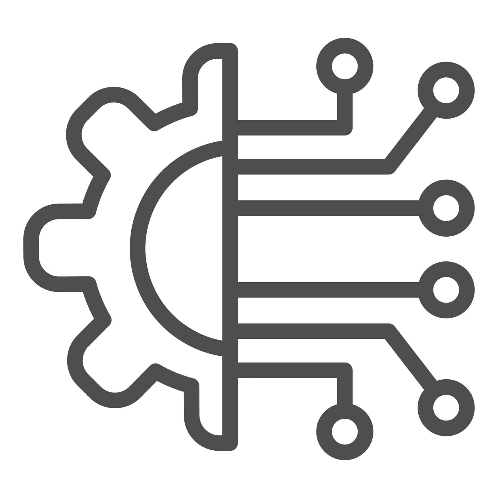 Gear connection line icon. Gear with chip circuit, hardware or software symbol, outline style pictogram on white background. Technology sign for mobile concept, web design. Vector graphics